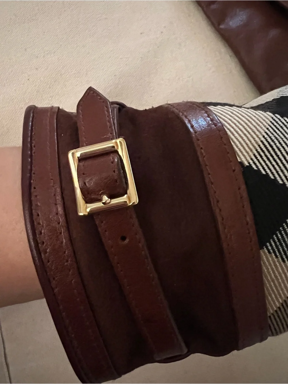Burberry Leather-Trim Gloves in Brown, Black, Cream